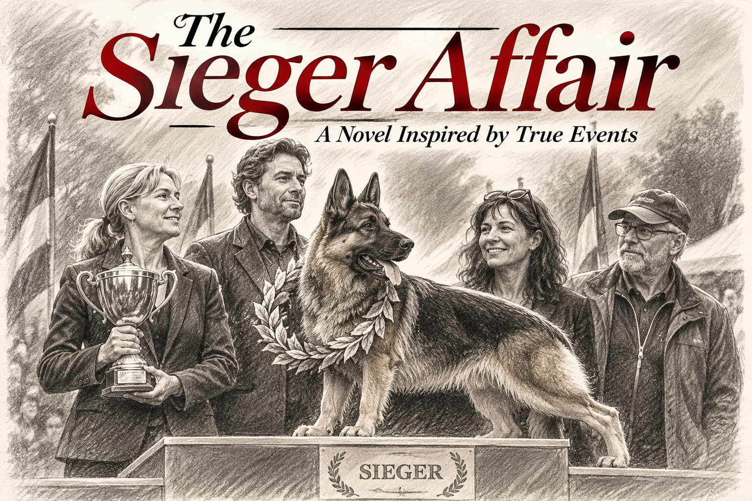Hand-sketched book-cover illustration showing a champion German Shepherd on a Sieger podium surrounded by fictional show-world figures.